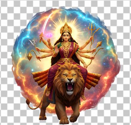 Read more about the article Maa Durga PNG – Fierce 3D Katyayani on Lion with Sword and Lotus | Free PNG Download