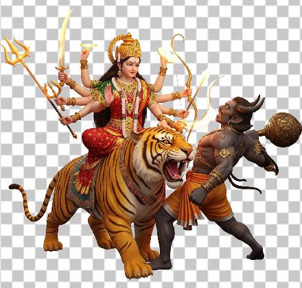 Read more about the article Divine Maa Durga Ji 3D PNG – Golden Tiger Fighting Mahishasura (8K Transparent)