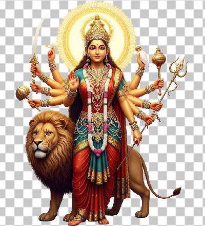 Read more about the article Durga Mata Ji 3D Ultra Detailed PNG Free Download – Standing on Lion with Halo