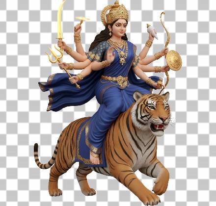 Read more about the article Maa Durga PNG 3D Ultra Photorealistic Riding Tiger in Blue Saree – Free Download