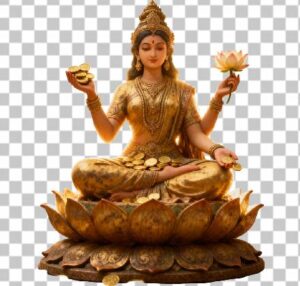 Read more about the article Goddess Lakshmi 3D PNG – Vintage Indian Art of Lakshmi on Lotus with Gold Coins