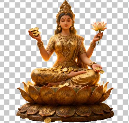 Read more about the article Goddess Lakshmi 3D PNG – Vintage Indian Art of Lakshmi on Lotus with Gold Coins