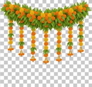 Read more about the article Festive 3D Marigold and Mango Leaf Toran PNG – High Quality Transparent Garland
