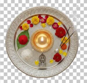 Read more about the article Highly Detailed 3D Pooja Thali PNG Free Download | Diya, Kumkum & Flowers Transparent Image