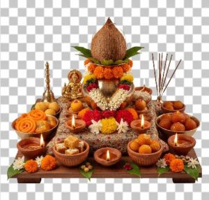 Read more about the article Detailed Diwali Pooja Setup PNG Free Download | Kalash, Diyas, Flowers & Sweets Transparent Image