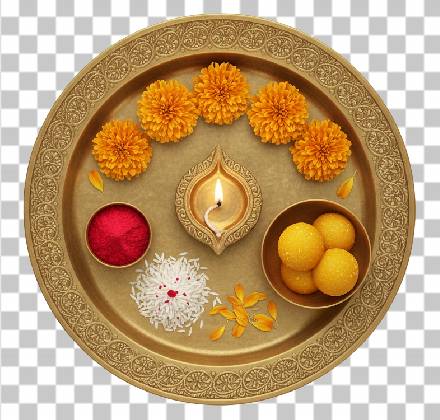 Read more about the article Top-down 3D Pooja Thali PNG | Brass Diya, Kumkum, Rice, Sweets & Marigold – Free Download