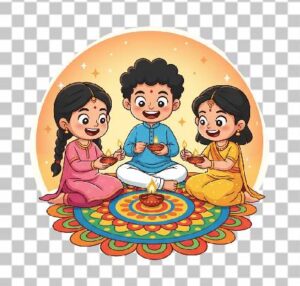 Read more about the article Cute Cartoon Clipart of Indian Children Lighting Diyas | Free PNG Download