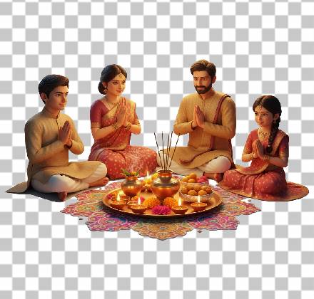 Read more about the article 3D Indian Family Diwali Pooja PNG Free Download | Festival Worship Scene Transparent Image