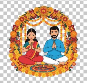 Read more about the article Indian Couple Performing Pooja Vector Clipart Free Download | Decorative Floral Marigold Design Transparent PNG