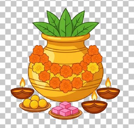 Read more about the article Golden Kalash PNG Free Download | Festive Vector Clipart with Diyas and Sweets
